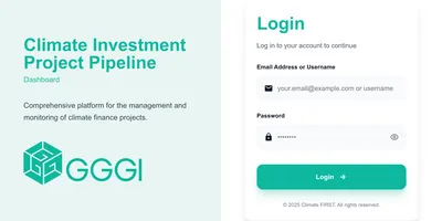 A digital platform screenshot showing the login page for a climate investment project pipeline tool. The interface features fields for user authentication to access climate finance tracking data.