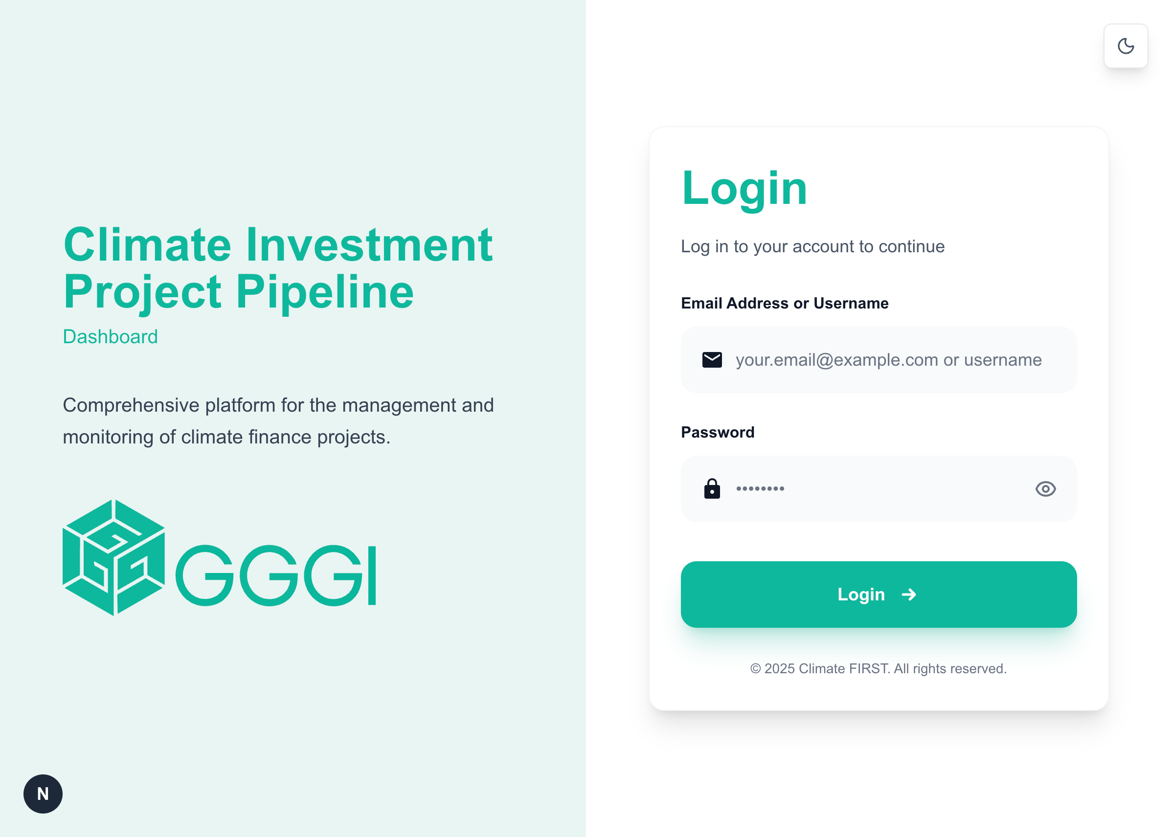 A digital platform screenshot showing the login page for a climate investment project pipeline tool. The interface features fields for user authentication to access climate finance tracking data.