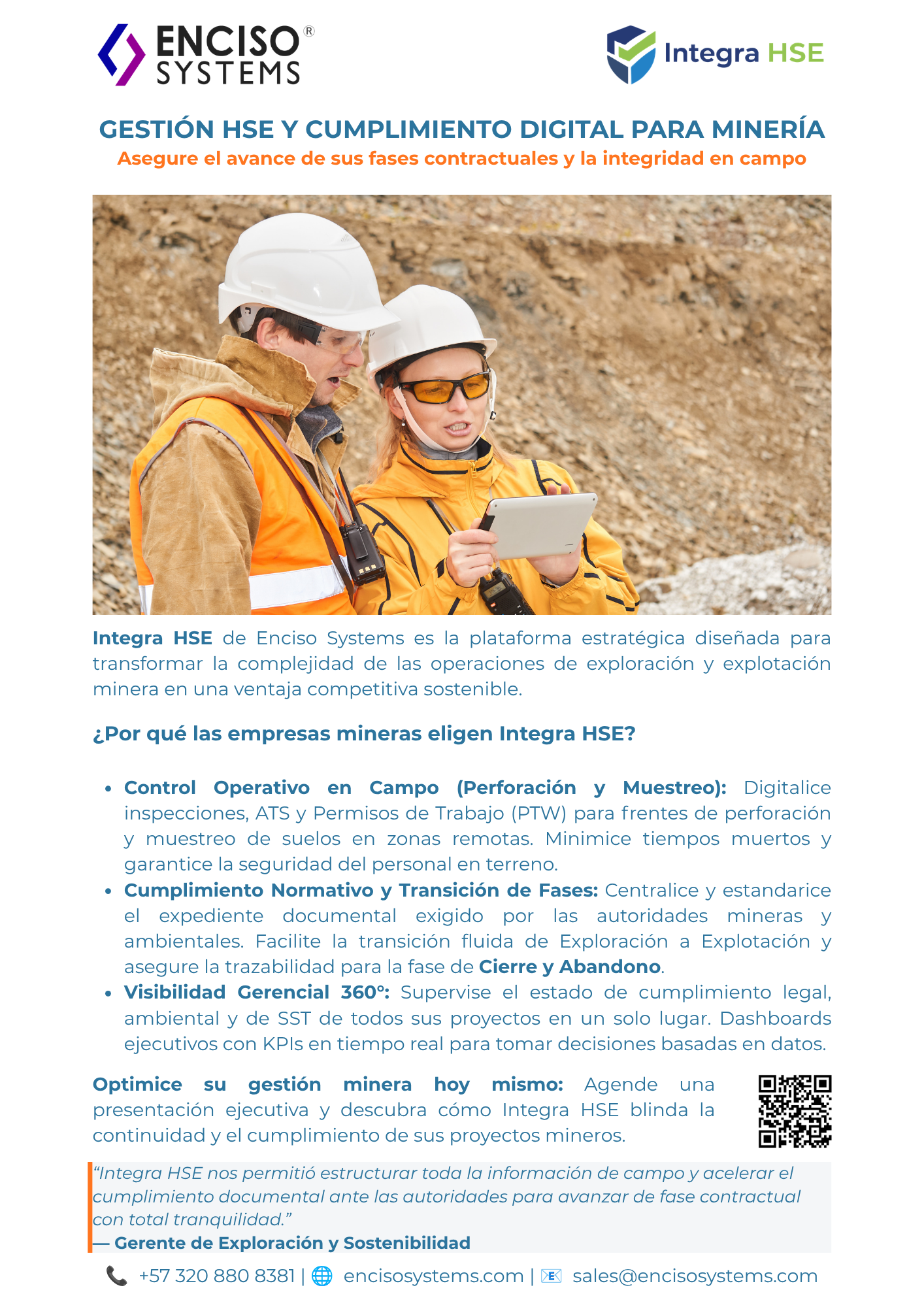 Promotional flyer for Integra HSE by Enciso Systems, a digital safety management platform for the mining industry. It highlights key benefits like field efficiency, compliance, and real-time manager dashboards.