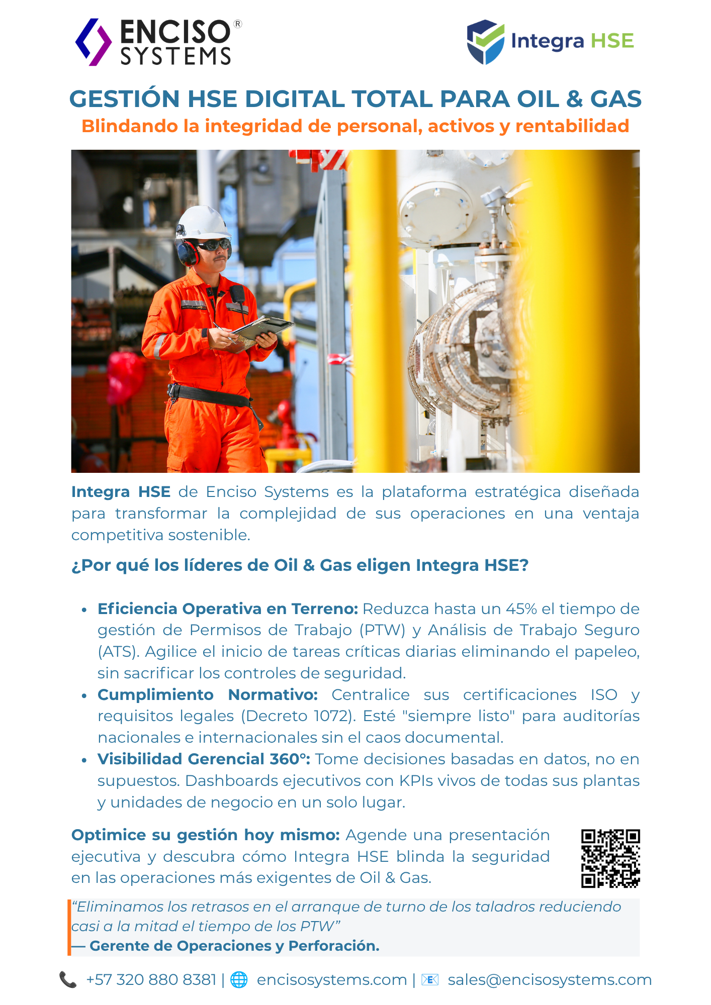 Promotional flyer for Integra HSE by Enciso Systems, a digital safety management platform for the oil and gas industry. It highlights key benefits like field efficiency, compliance, and real-time manager dashboards.