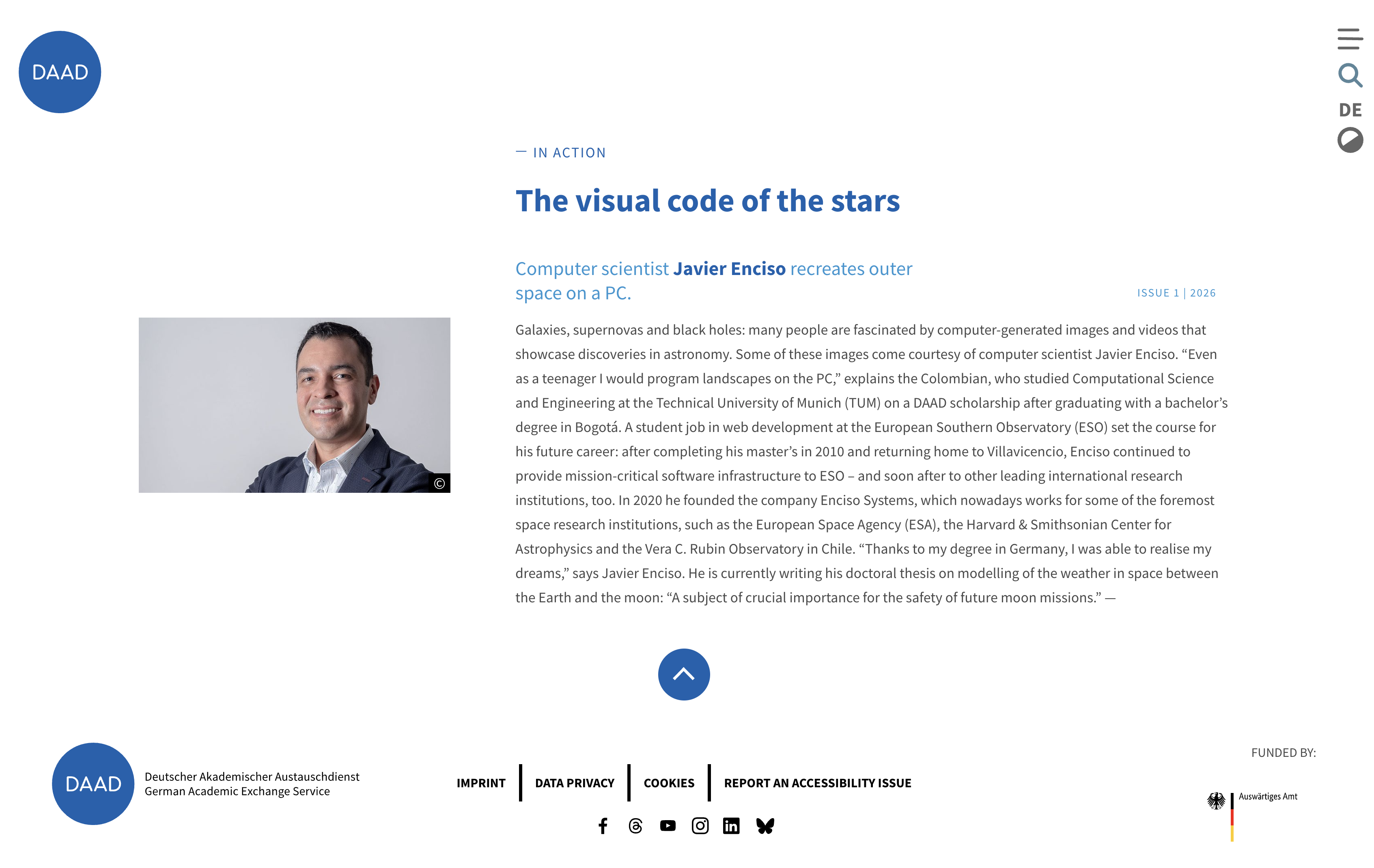 A screenshot of a DAAD website article profiling Colombian computer scientist Javier Enciso. The feature, titled 'The visual code of the stars', highlights his work in space visualization and his DAAD scholarship experience.

Snapshot is available at: https://web.archive.org/web/20260816182323/https://www.letter-daad.de/en/space/the-visual-code-of-the-stars/