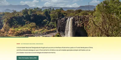 Homepage screenshot of Angola's Designated National Authority website. It features a scenic landscape banner with a waterfall, navigation menu, and Portuguese text describing its role with the Green Climate Fund.