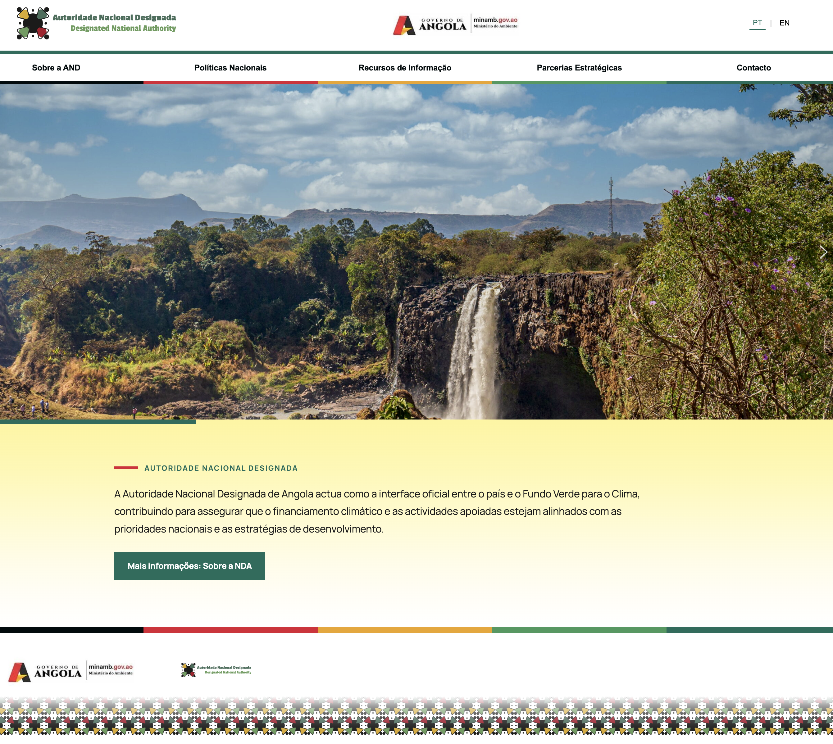 Homepage screenshot of Angola's Designated National Authority website. It features a scenic landscape banner with a waterfall, navigation menu, and Portuguese text describing its role with the Green Climate Fund.