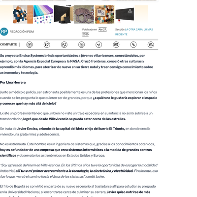 Periódico del Meta – The Engineer Who Put Villavicencio on the Space Exploration Map
