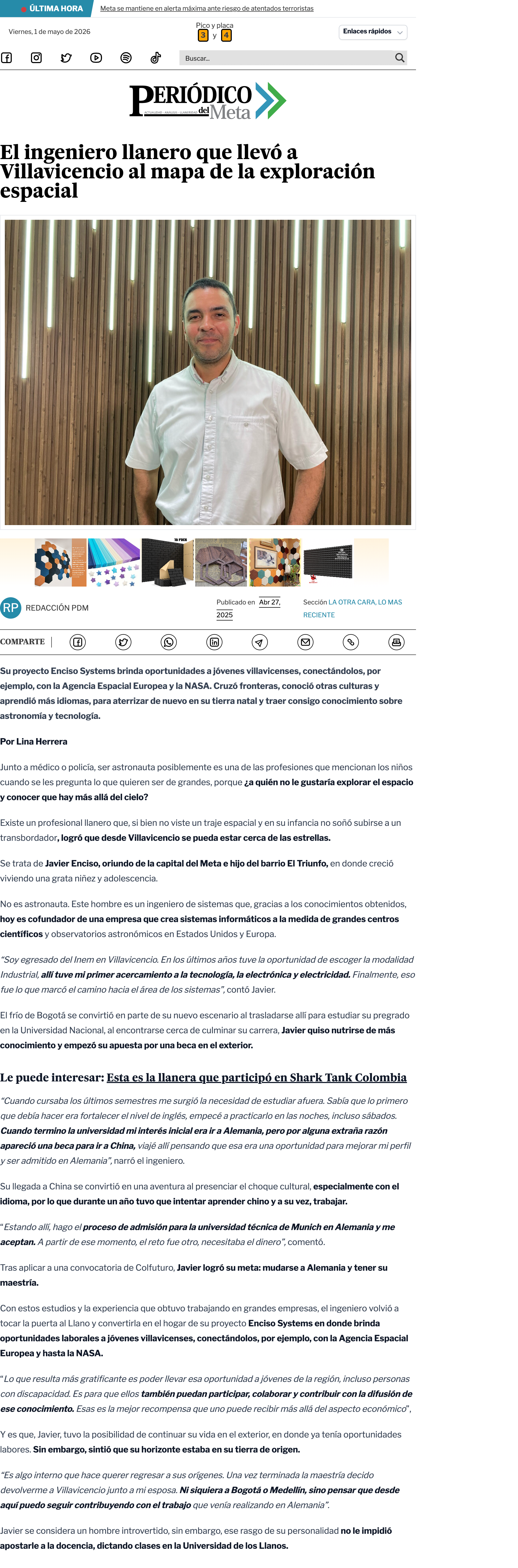 Periódico del Meta – The Engineer Who Put Villavicencio on the Space Exploration Map