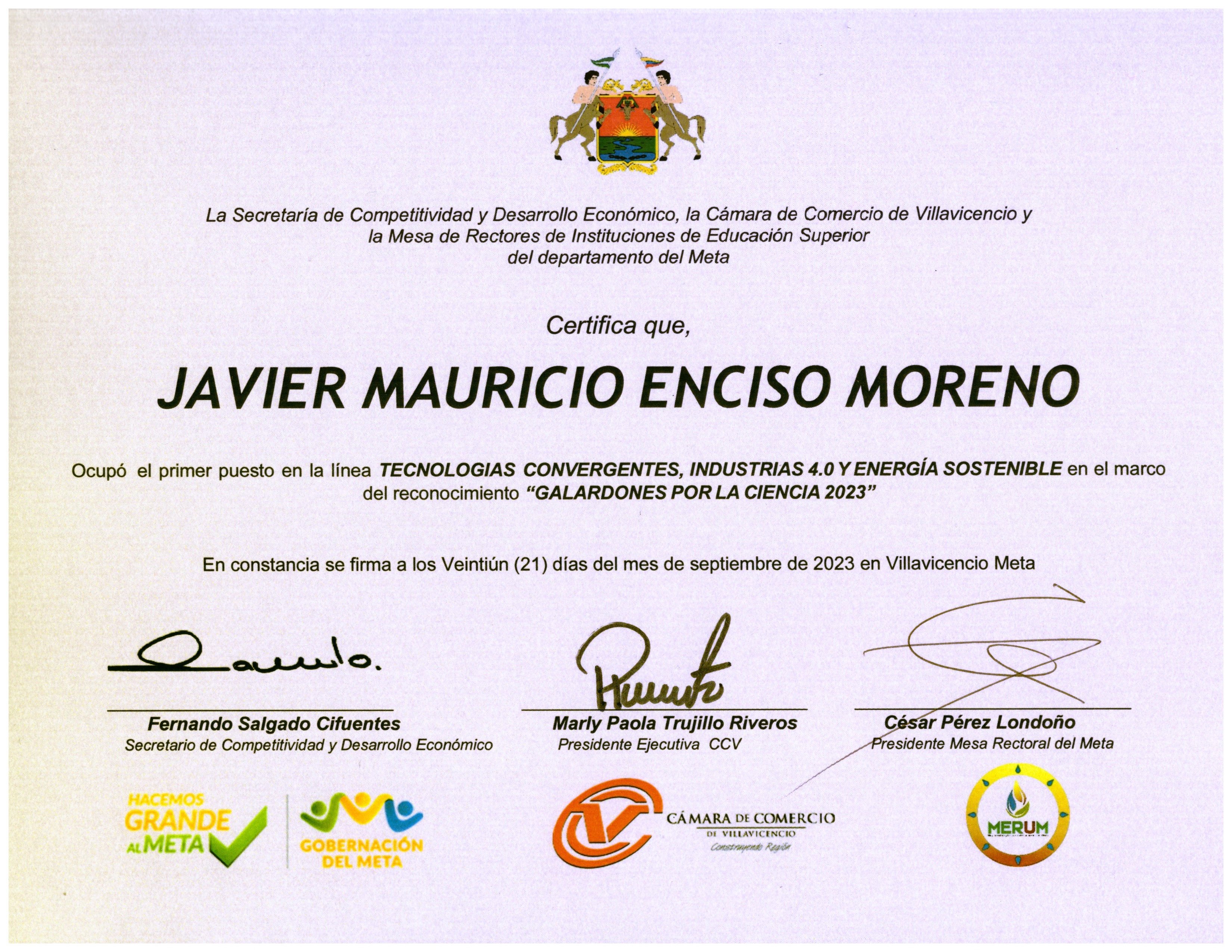 Galardones por la Ciencia 2023 Certificate